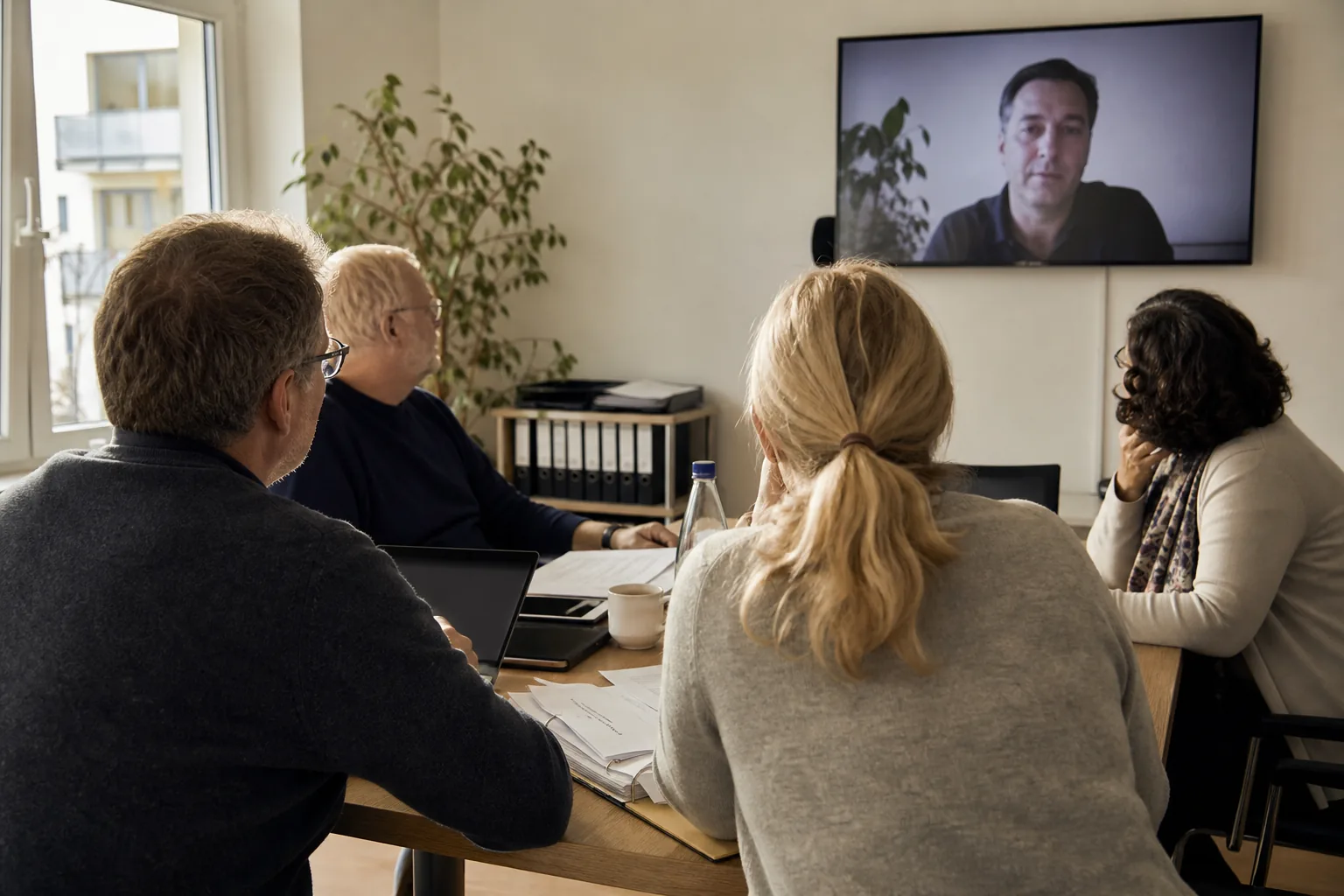 Eigentümer beraten an einem Tisch, während eine Person per Video zugeschaltet ist.