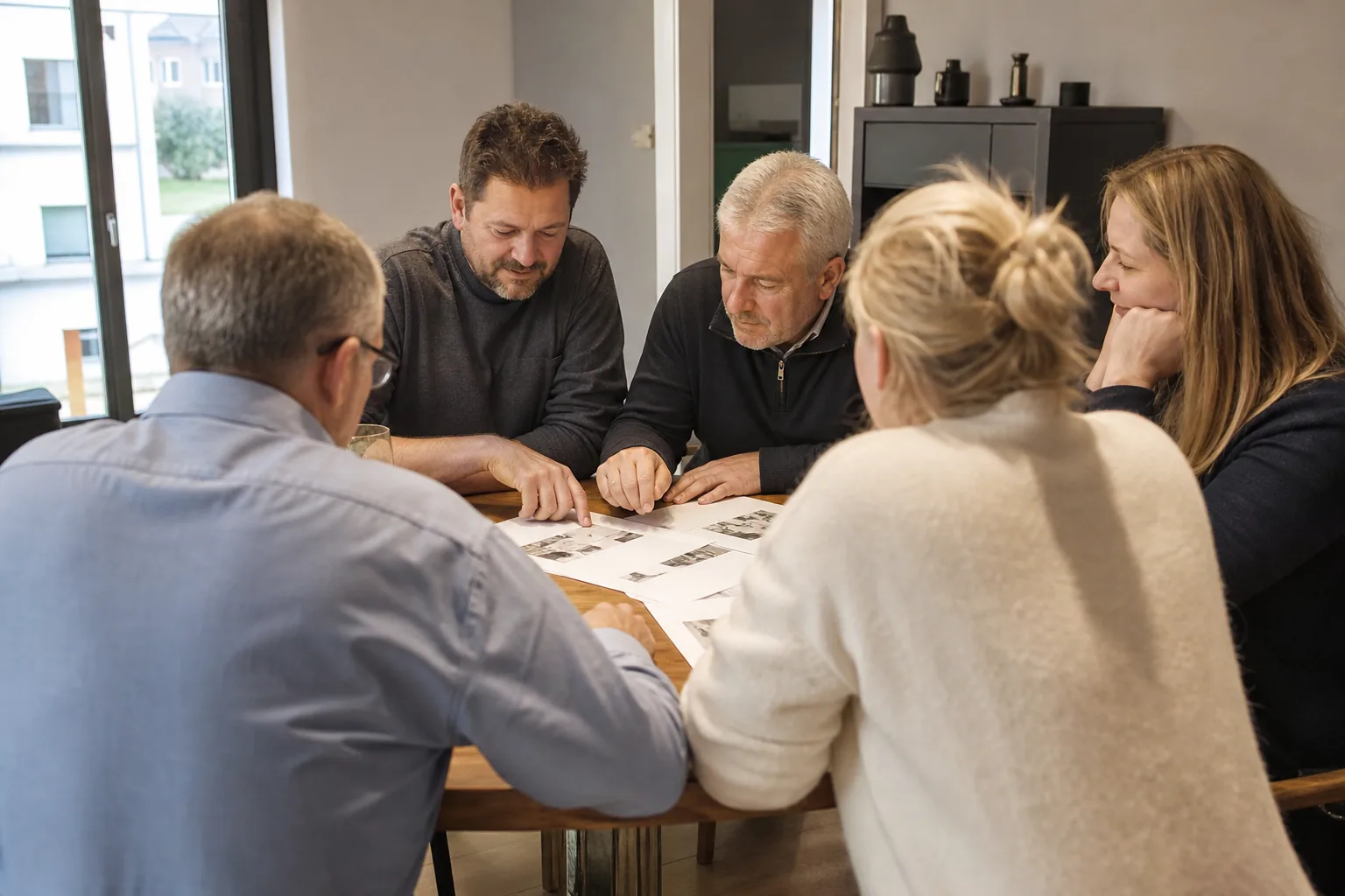 Wohnungseigentümer besprechen geordnete Versammlungsunterlagen